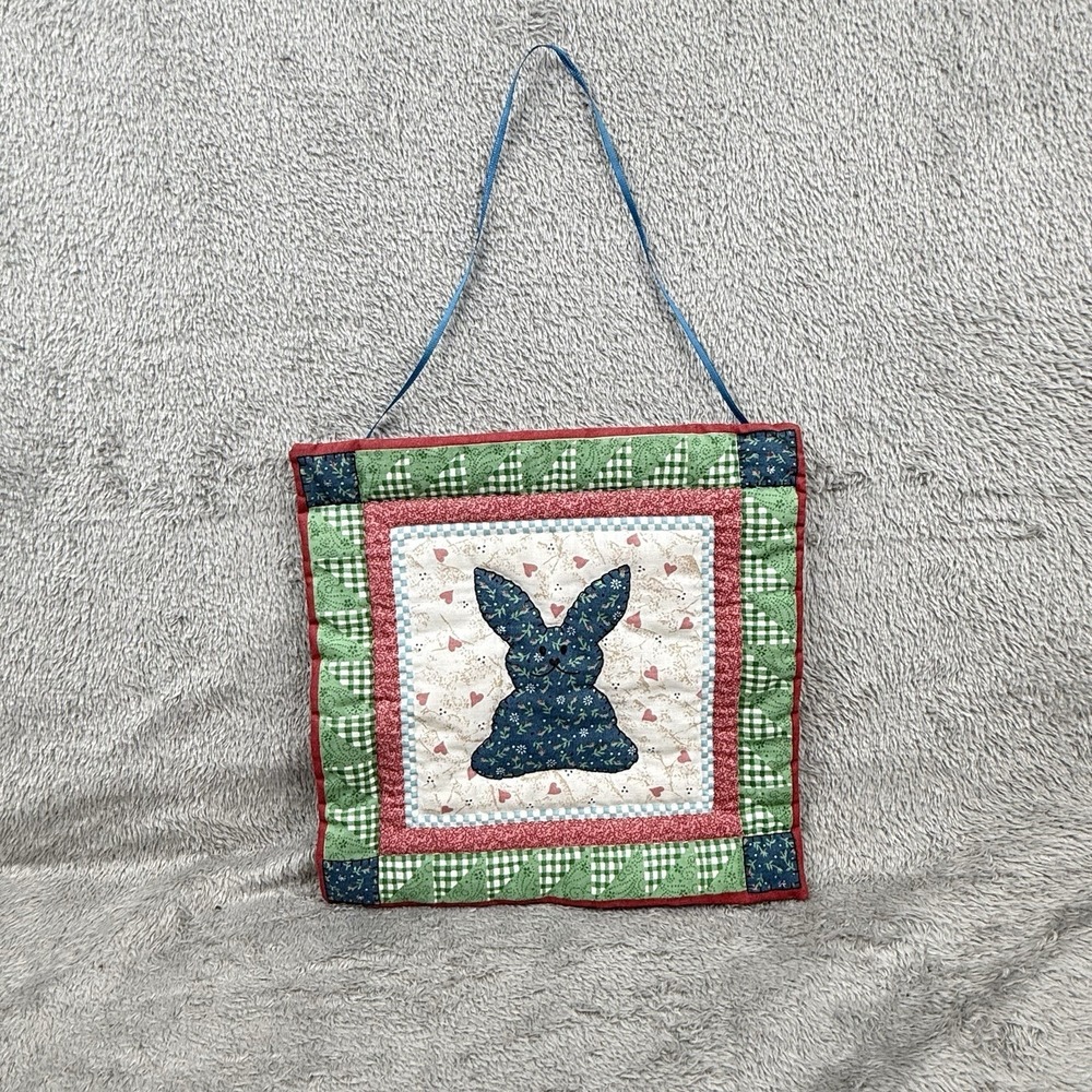 Primitive Stitched Quilt Easter Spring Wall Hanging Bunny Hearts Cottagecore VTG